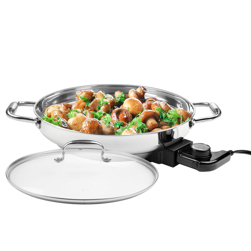 Electric Skillet by Cucina Pro - 18/10 Stainless Steel, Non Stick Interior, with Glass Lid, 12 Round