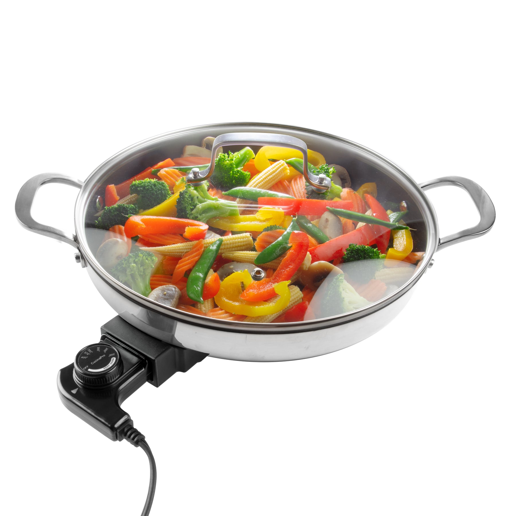 Electric Skillet By Cucina Pro - 18/10 Stainless Steel, Frying  Pan with Non Stick Interior, with Glass Lid, 12 Round, Temperature Control  Probe for Adjustable Heat Settings: Home & Kitchen